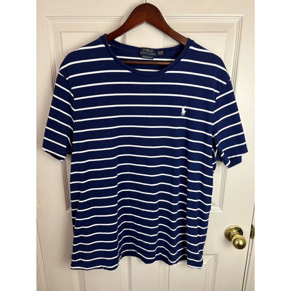 Polo Ralph Lauren T-Shirt Mens XL Blue White Excellent Custom Slim Fit Striped